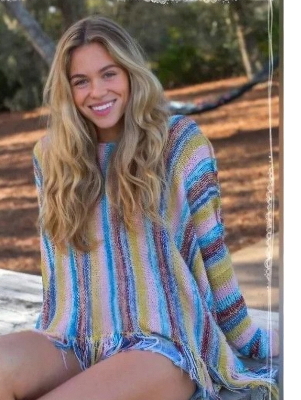 Natural Life | Santa Fe Striped Fringe Loose Knit Poncho Sweater Womens L / XL